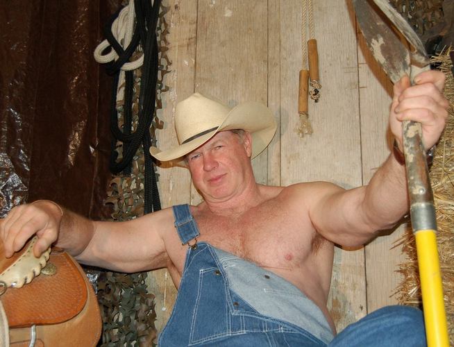 shirtless rodeo cowboy bear coveralls overalls